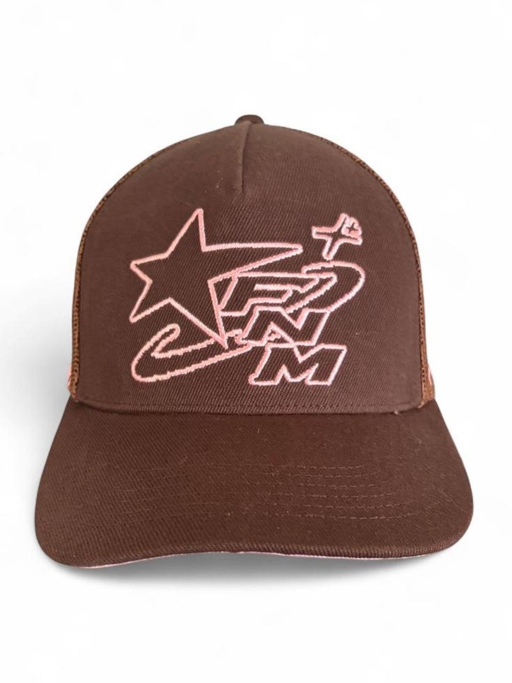 Fear No Man FNM Y2K Flame Mesh Trucker Hat Brown Pink Adjustable Snapback Cap